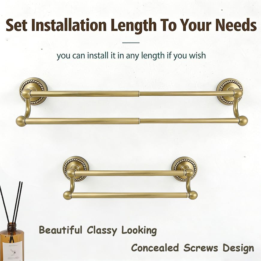 Double Bath Towel Bar, Antique Brass Wall Mounted Towel Rack, Adjustable 14-25 Inch Heavy Duty Rustproof Brass Towel Rod Holder for Bathroom Kitchen