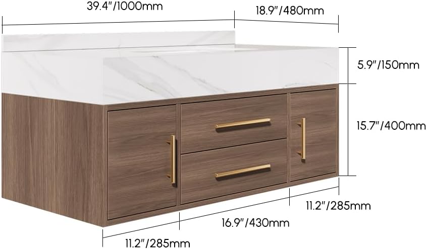Bathroom Vanity with Sink 39.5" Floating Bathroom Vanity Sintered Stone Modern Bathroom Vanity Set, Walnut (Wall Mounted, Gold Handle)