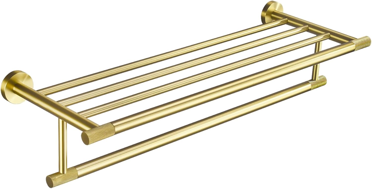 24-Inch Brushed Gold Towel Racks for Bathroom Wall-Mounted, with Solid Brass Knurled Accents, Rust-Resistant 304 Stainless Steel