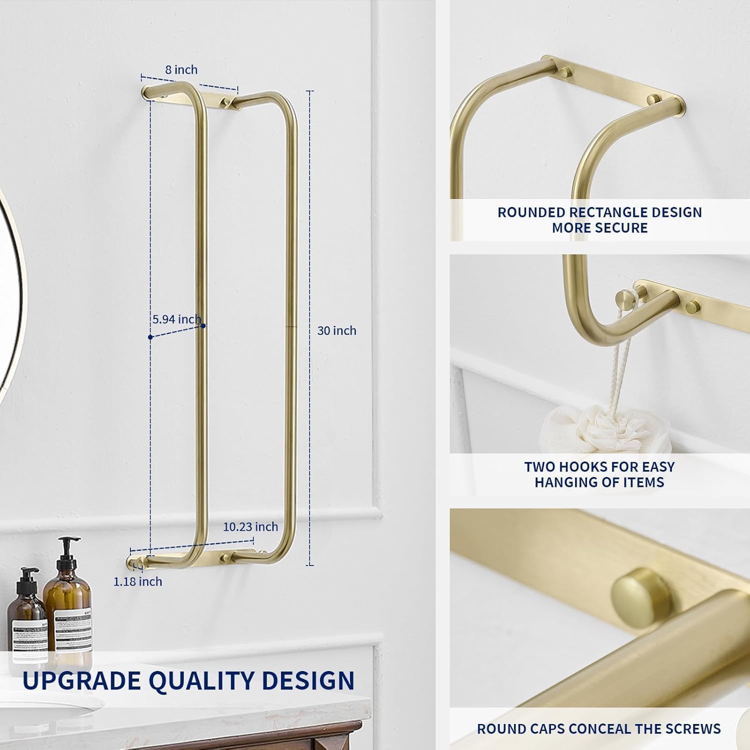 BWE Brushed Gold Towel Racks for Bathroom, Wall Mounted Towel Rack for Rolled Towels, Bathroom Towel Storage, Stainless Steel Vertical Towel Holder, Bathroom Organizer