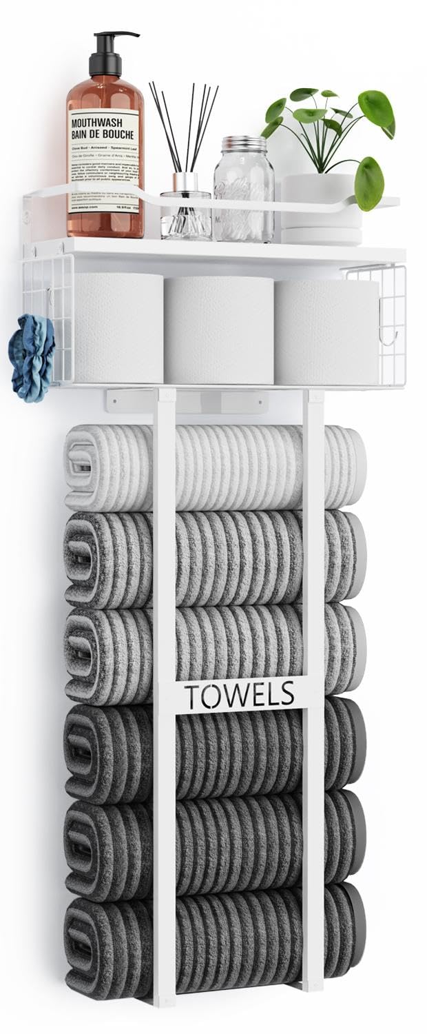 Aetyord Towel Racks for Bathroom - Wall Mounted Metal Rack with Wood Plank, Bathroom Storage Organizer, Towel Holder Stores 6 Large Rolled Towels Easily, Gold and Size XL 31"