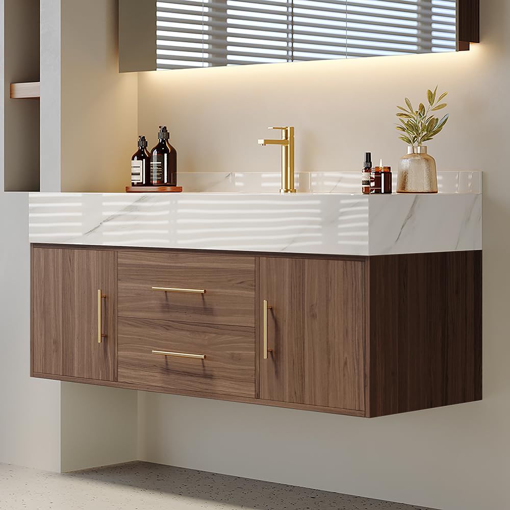 Bathroom Vanity with Sink 39.5" Floating Bathroom Vanity Sintered Stone Modern Bathroom Vanity Set, Walnut (Wall Mounted, Gold Handle)