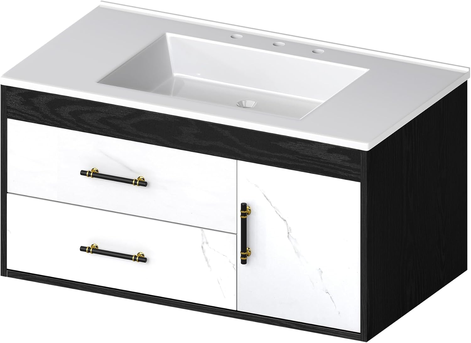 DWVO 36 Inch Floating Bathroom Vanity with Sink, Wall Mounted Bathroom Vanity with Marble Pattern, 2 Drawers & 1 Soft-Close System Cabinet, Pre-drilled Three Holes