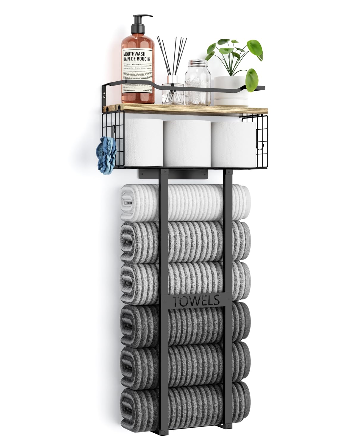 Aetyord Towel Racks for Bathroom - Wall Mounted Metal Rack with Wood Plank, Bathroom Storage Organizer, Towel Holder Stores 6 Large Rolled Towels Easily, Gold and Size XL 31"