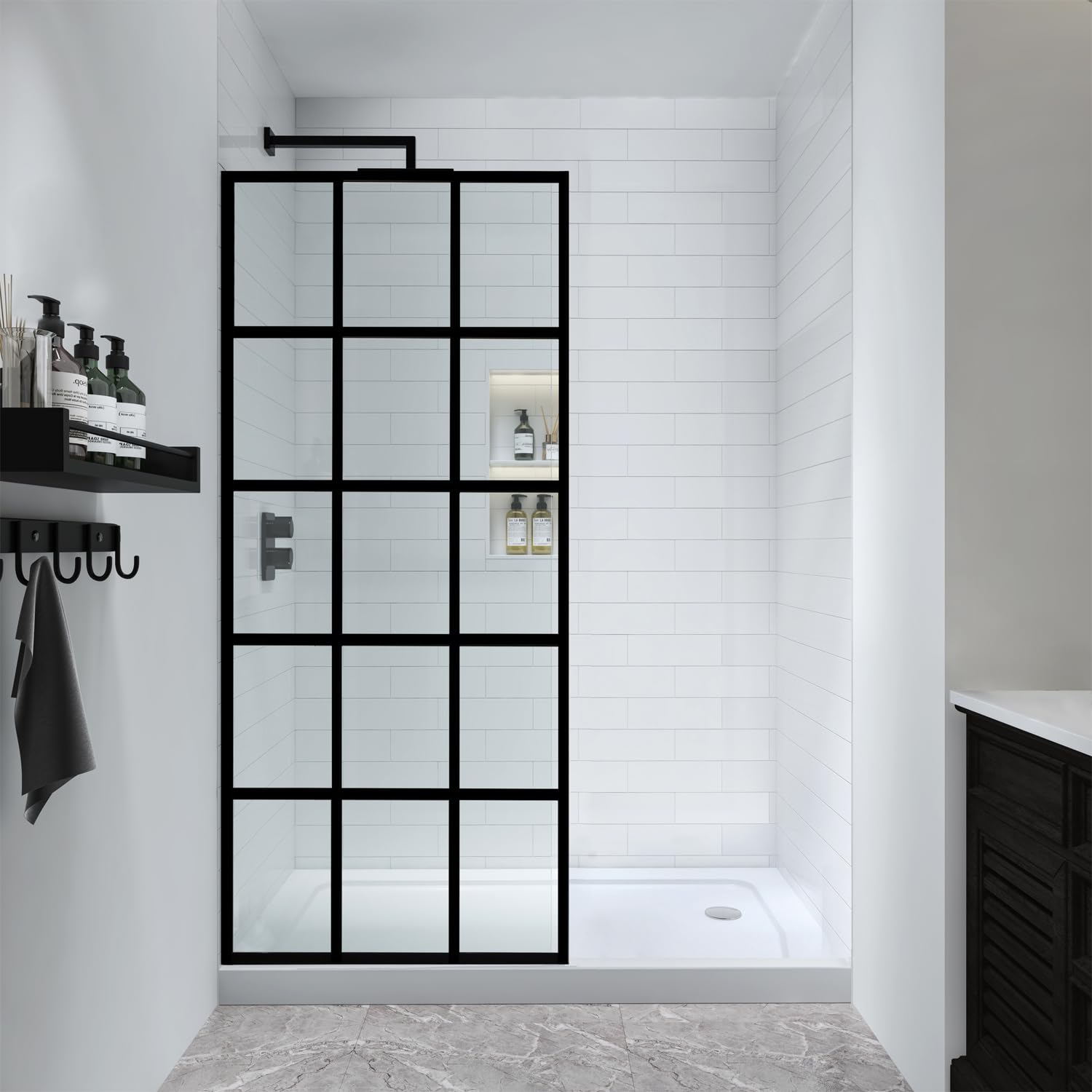 Frosted Shower Glass Panel 34" W x 72" H, Matte Black, Framed Fixed Glass Panel, 5/16" (8mm) SGCC Tempered Glass, Reversible Installation