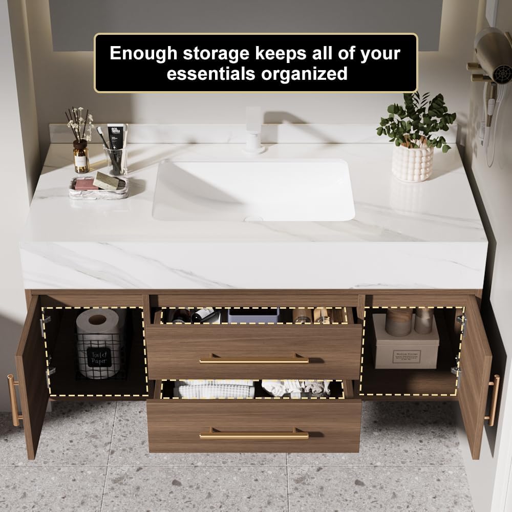 Bathroom Vanity with Sink 39.5" Floating Bathroom Vanity Sintered Stone Modern Bathroom Vanity Set, Walnut (Wall Mounted, Gold Handle)