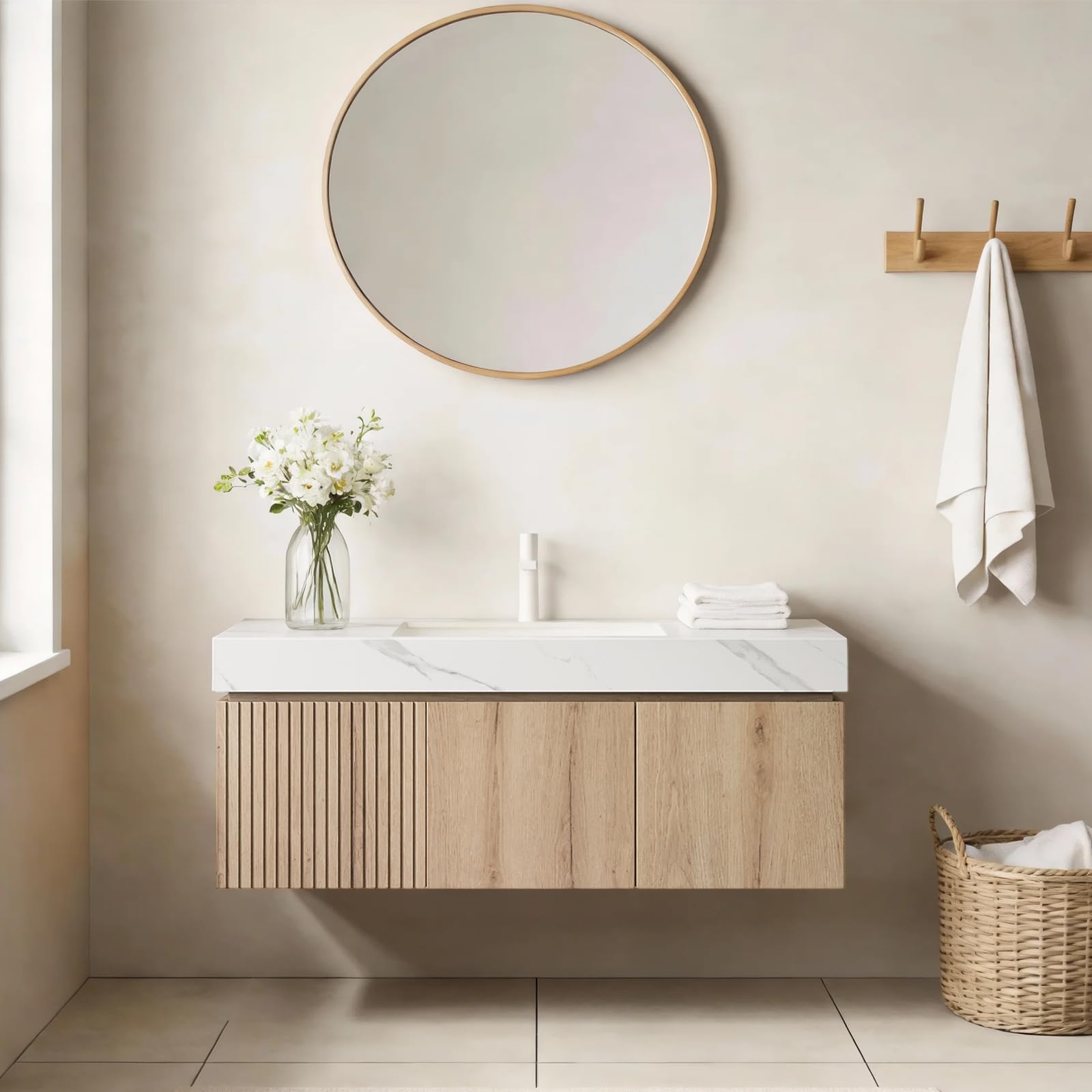 Ambrovina 48" Floating Bathroom Vanity with Sink, Modern Plywood Bathroom Storage Cabinet with Drawer and 2 Doors, Gray Sintered Stone Countertop and White Ceramic Basin, Pre-Assembled, Light Oak