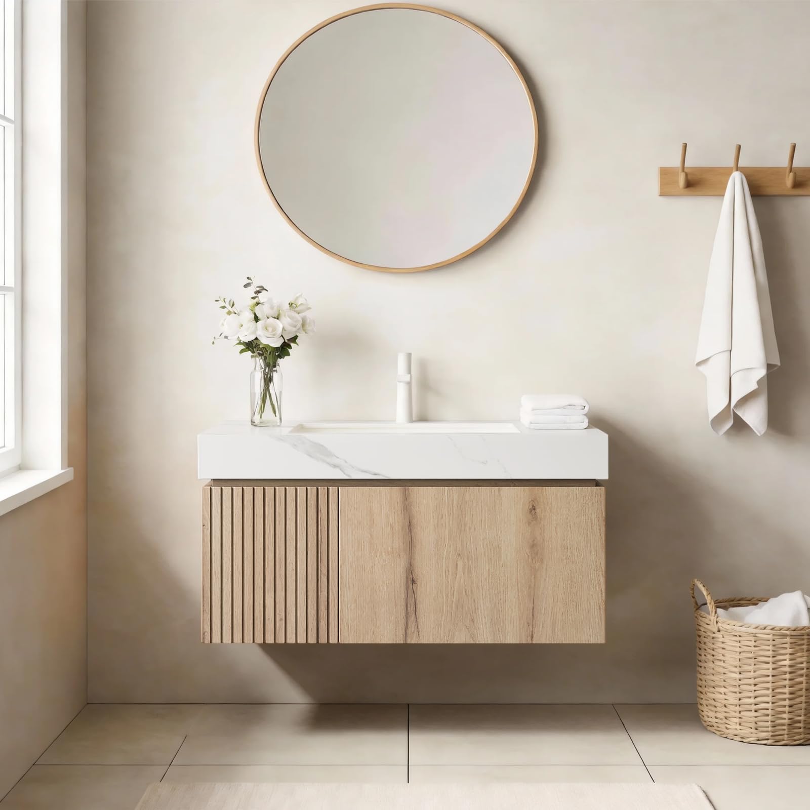 Ambrovina 48" Floating Bathroom Vanity with Sink, Modern Plywood Bathroom Storage Cabinet with Drawer and 2 Doors, Gray Sintered Stone Countertop and White Ceramic Basin, Pre-Assembled, Light Oak