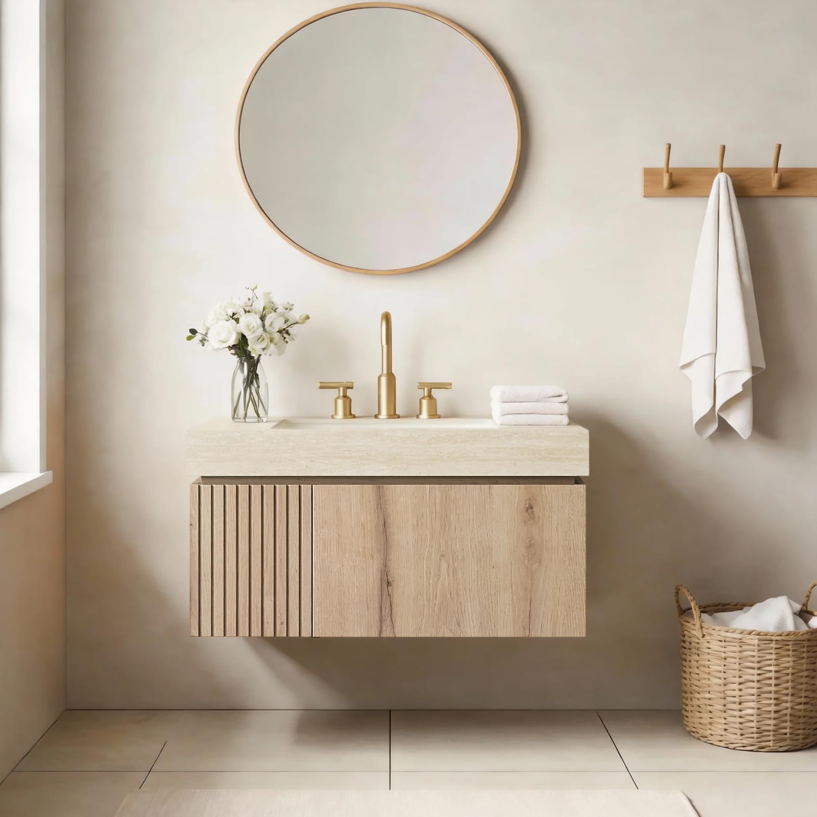 Ambrovina 48" Floating Bathroom Vanity with Sink, Modern Plywood Bathroom Storage Cabinet with Drawer and 2 Doors, Gray Sintered Stone Countertop and White Ceramic Basin, Pre-Assembled, Light Oak