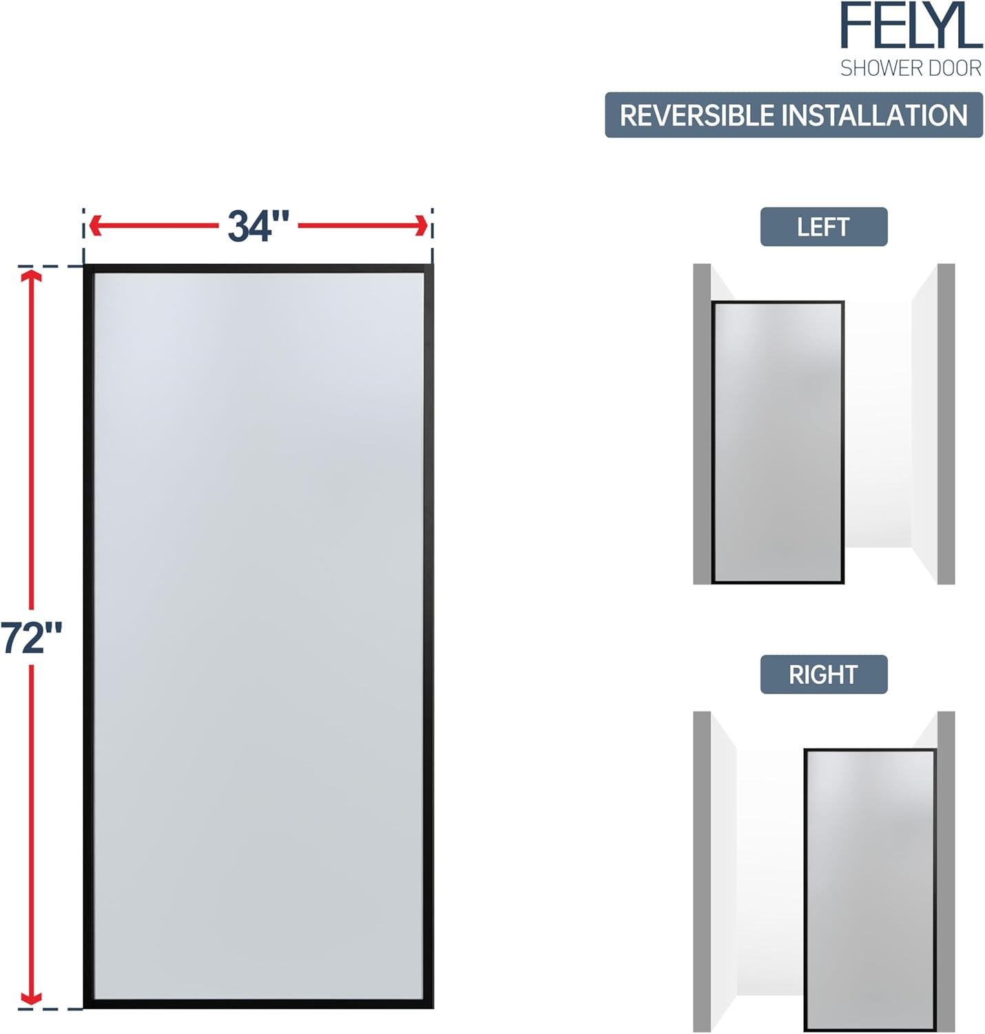 Frosted Shower Glass Panel 34" W x 72" H, Matte Black, Framed Fixed Glass Panel, 5/16" (8mm) SGCC Tempered Glass, Reversible Installation