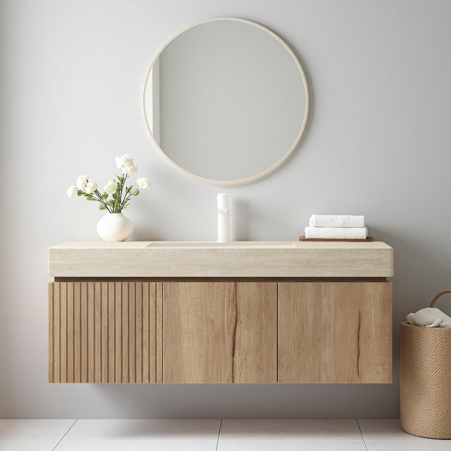 Ambrovina 48" Floating Bathroom Vanity with Sink, Modern Plywood Bathroom Storage Cabinet with Drawer and 2 Doors, Gray Sintered Stone Countertop and White Ceramic Basin, Pre-Assembled, Light Oak