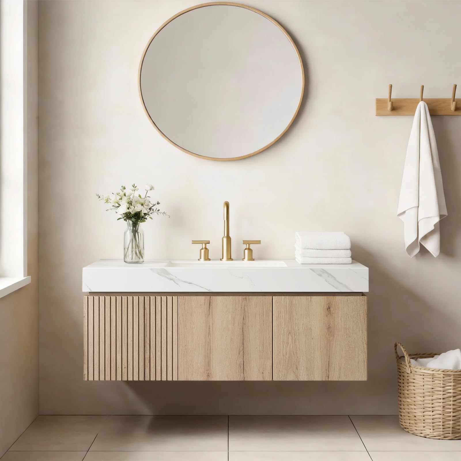 Ambrovina 48" Floating Bathroom Vanity with Sink, Modern Plywood Bathroom Storage Cabinet with Drawer and 2 Doors, Gray Sintered Stone Countertop and White Ceramic Basin, Pre-Assembled, Light Oak