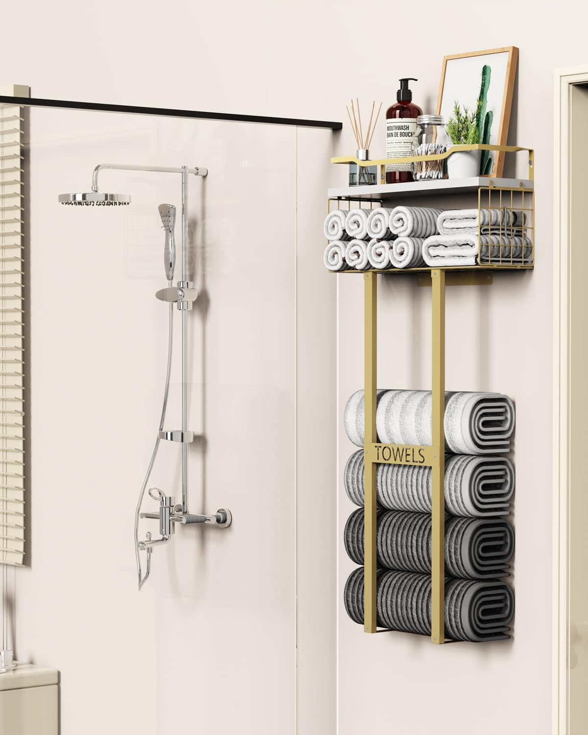 Aetyord Towel Racks for Bathroom - Wall Mounted Metal Rack with Wood Plank, Bathroom Storage Organizer, Towel Holder Stores 6 Large Rolled Towels Easily, Gold and Size XL 31"