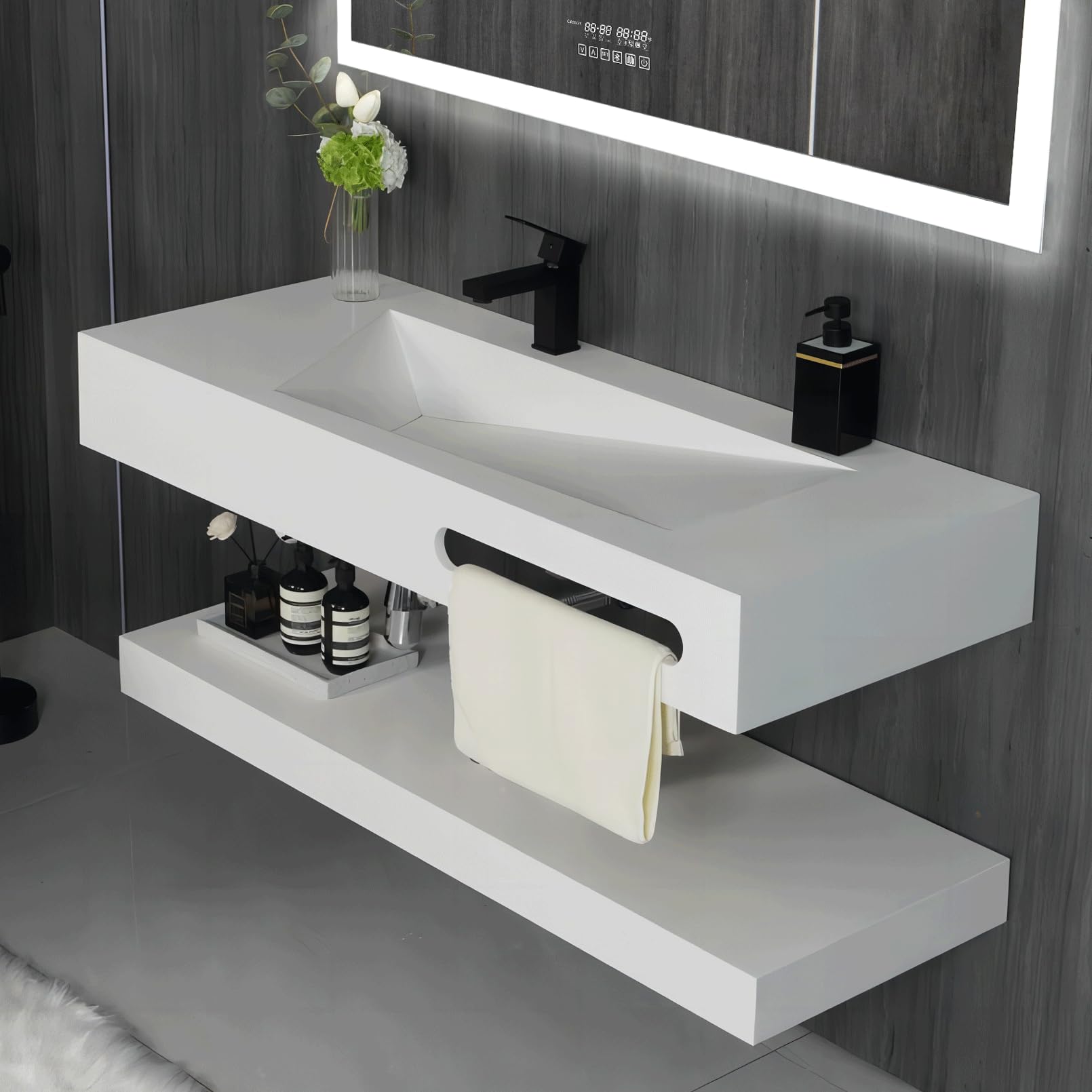 Gesipor 36"x19" Wall Mount Bathroom Vanity with Sink Stone Resin Floating Vanity Sink Rectangular Vessel Sinks for Bathroom White Trough with Shelf Layer (Mirror Not Included)