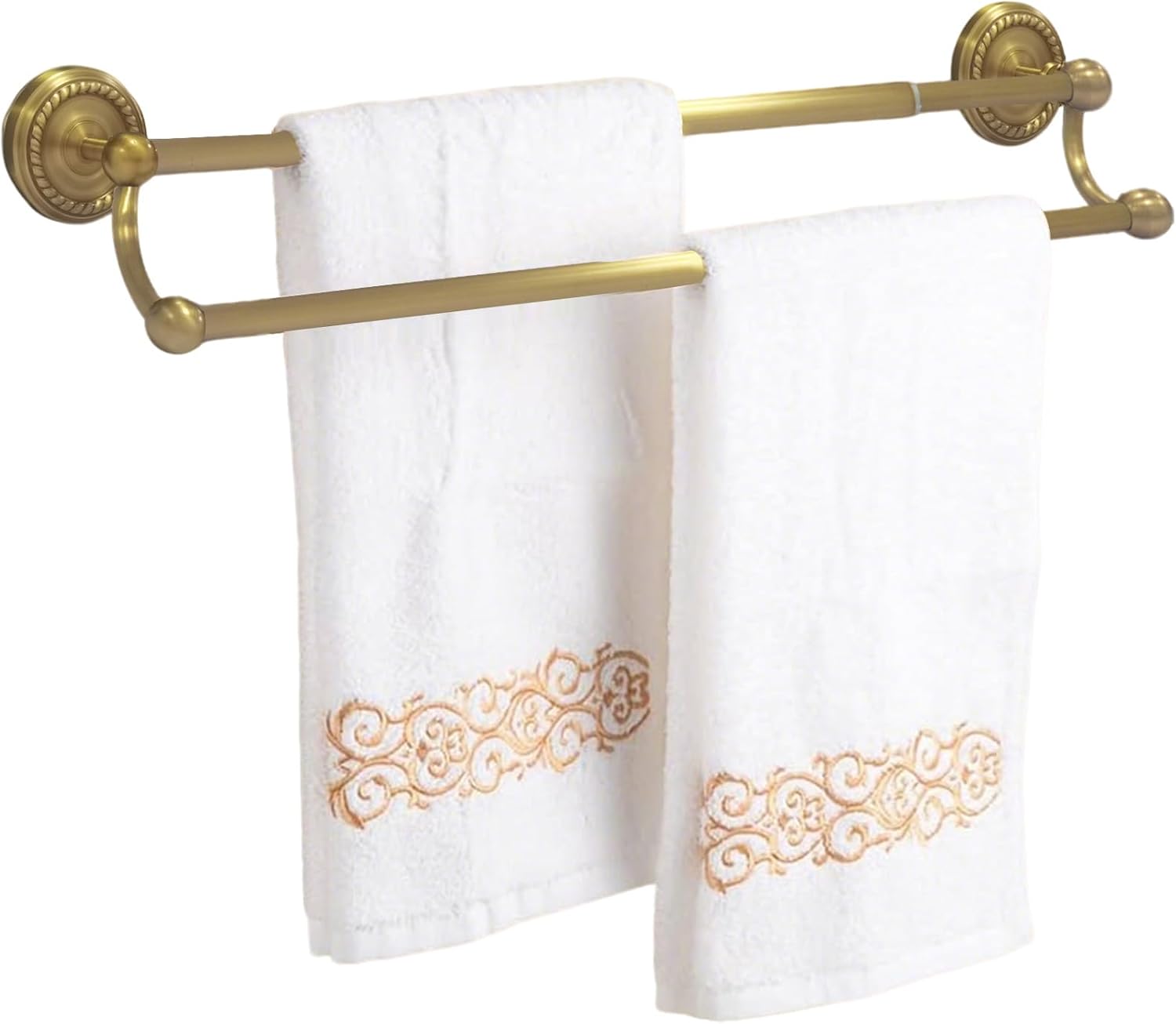 Double Towel Bar, Antique Brass Bathroom Towel Racks Wall Mounted, Adjustable Gold Towel Bar Fits 14-25 Inch Centers, Heavy Duty Rustproof Brass Towel Rod Holder for Bath