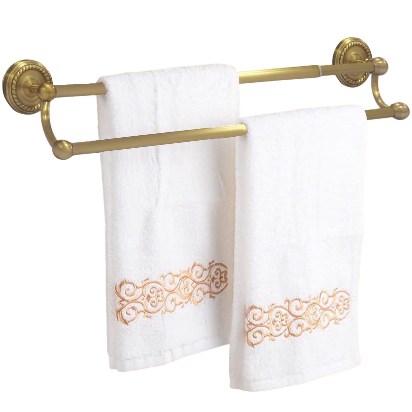 Double Towel Bar, Antique Brass Bathroom Towel Racks Wall Mounted, Adjustable Gold Towel Bar Fits 14-25 Inch Centers, Heavy Duty Rustproof Brass Towel Rod Holder for Bath