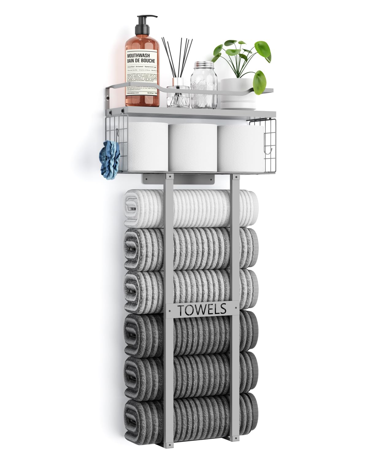 Aetyord Towel Racks for Bathroom - Wall Mounted Metal Rack with Wood Plank, Bathroom Storage Organizer, Towel Holder Stores 6 Large Rolled Towels Easily, Gold and Size XL 31"