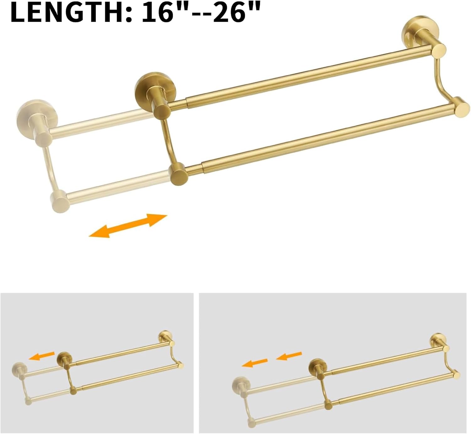 BESy Adjustable 16-26 Inches Double Bath Towel Bar for Bathroom SUS304 Stainless Steel Towel Holder, Hotel Style Wall Mount with Screws Hand Towel Bar，Towel Rack Rod Hanger, Brushed Gold Finish
