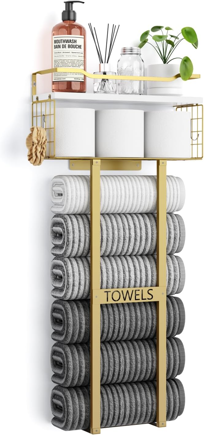 Aetyord Towel Racks for Bathroom - Wall Mounted Metal Rack with Wood Plank, Bathroom Storage Organizer, Towel Holder Stores 6 Large Rolled Towels Easily, Gold and Size XL 31"