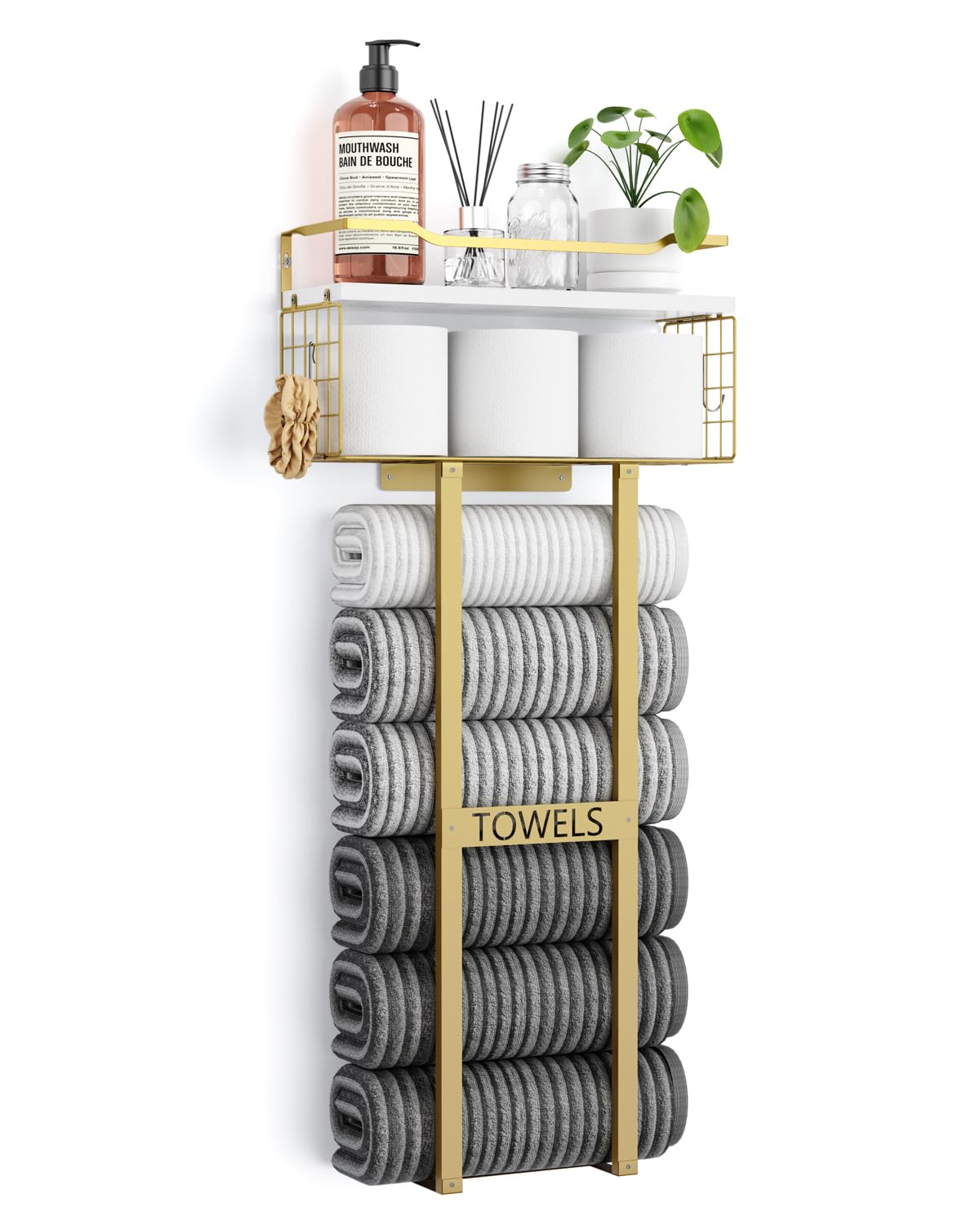 Aetyord Towel Racks for Bathroom - Wall Mounted Metal Rack with Wood Plank, Bathroom Storage Organizer, Towel Holder Stores 6 Large Rolled Towels Easily, Gold and Size XL 31"