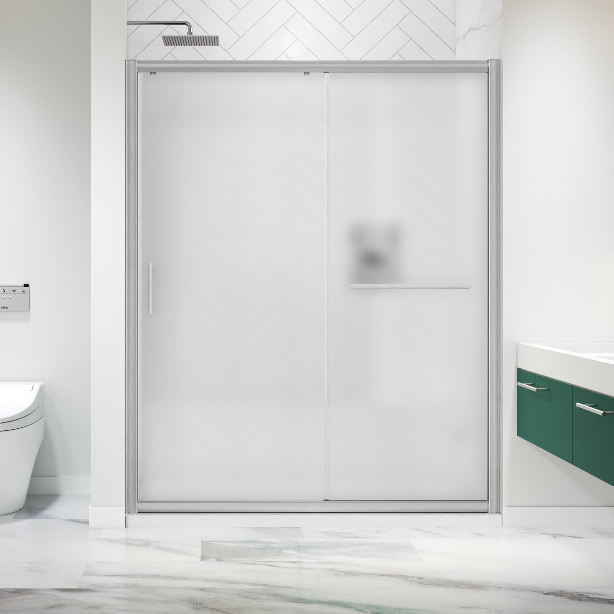 Frosted Sliding Shower Door 55-60" W x 72" H, Matte Black, Single Sliding Door, Framed, 1/4" (6mm) SGCC Tempered Glass, Reversible Installation