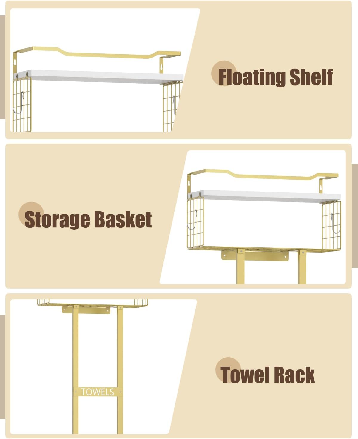 Aetyord Towel Racks for Bathroom - Wall Mounted Metal Rack with Wood Plank, Bathroom Storage Organizer, Towel Holder Stores 6 Large Rolled Towels Easily, Gold and Size XL 31"