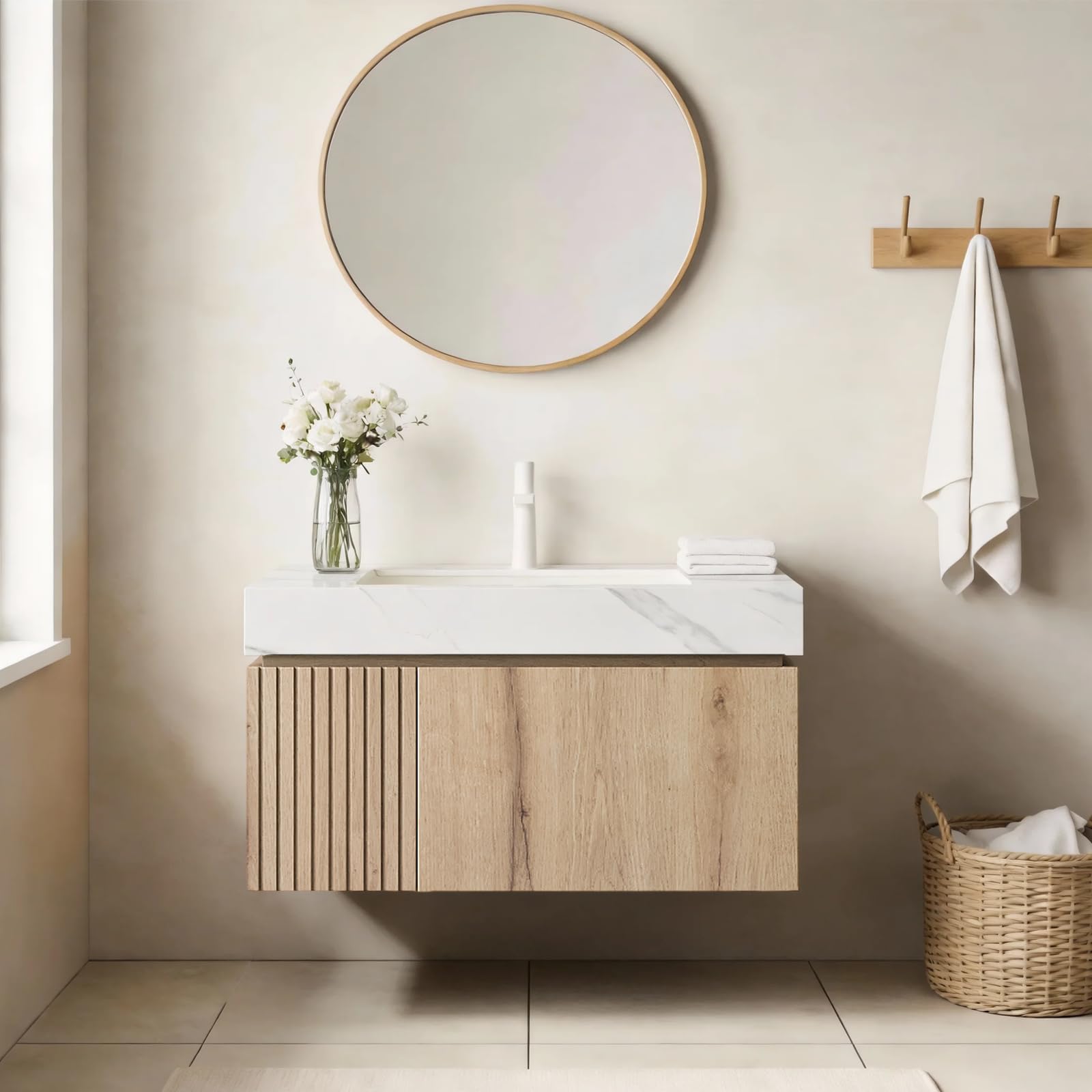 Ambrovina 48" Floating Bathroom Vanity with Sink, Modern Plywood Bathroom Storage Cabinet with Drawer and 2 Doors, Gray Sintered Stone Countertop and White Ceramic Basin, Pre-Assembled, Light Oak