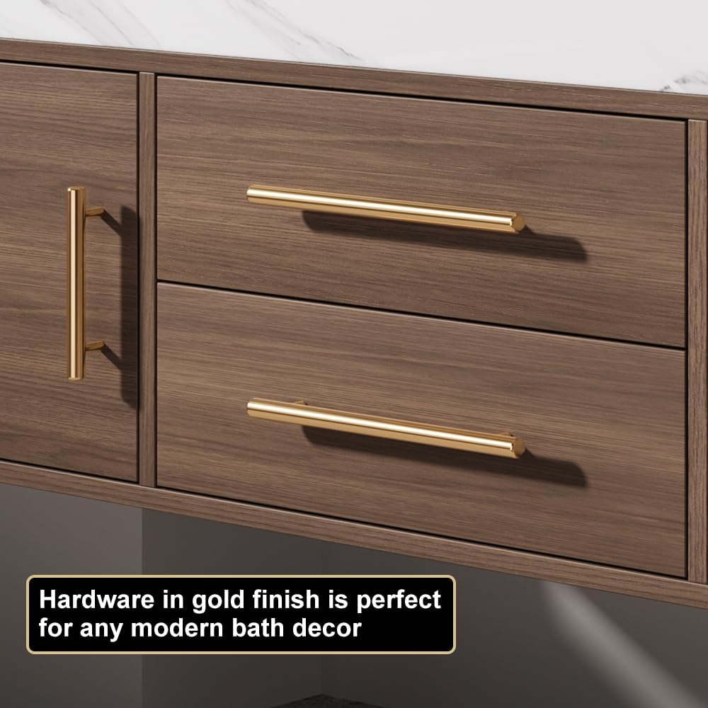 Bathroom Vanity with Sink 39.5" Floating Bathroom Vanity Sintered Stone Modern Bathroom Vanity Set, Walnut (Wall Mounted, Gold Handle)