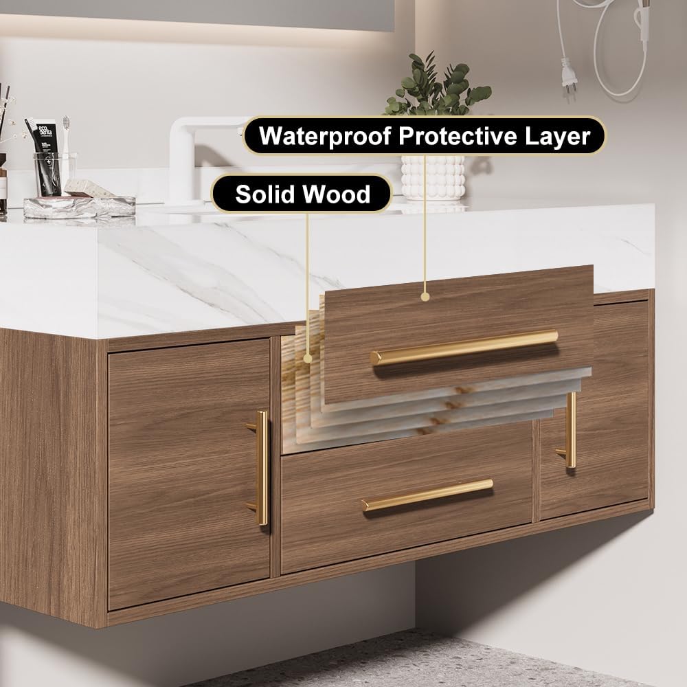 Bathroom Vanity with Sink 39.5" Floating Bathroom Vanity Sintered Stone Modern Bathroom Vanity Set, Walnut (Wall Mounted, Gold Handle)