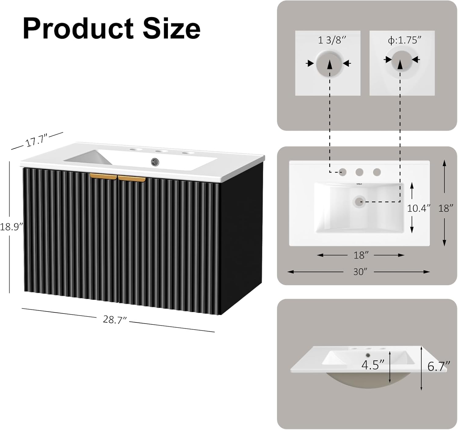 30" Bathroom Vanity with Sink, Modern Wall Mounted Floating Vanity Cabinet, Modern Bathroom Sinks with LED Light, Metal Handle & Double Soft-Close Doors, Black