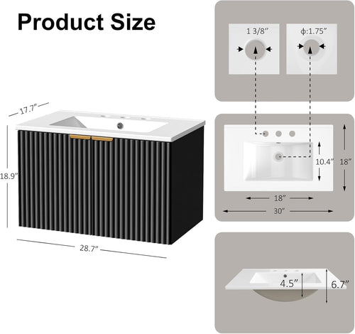 30" Bathroom Vanity with Sink, Modern Wall Mounted Floating Vanity Cabinet, Modern Bathroom Sinks with LED Light, Metal Handle & Double Soft-Close Doors, Black