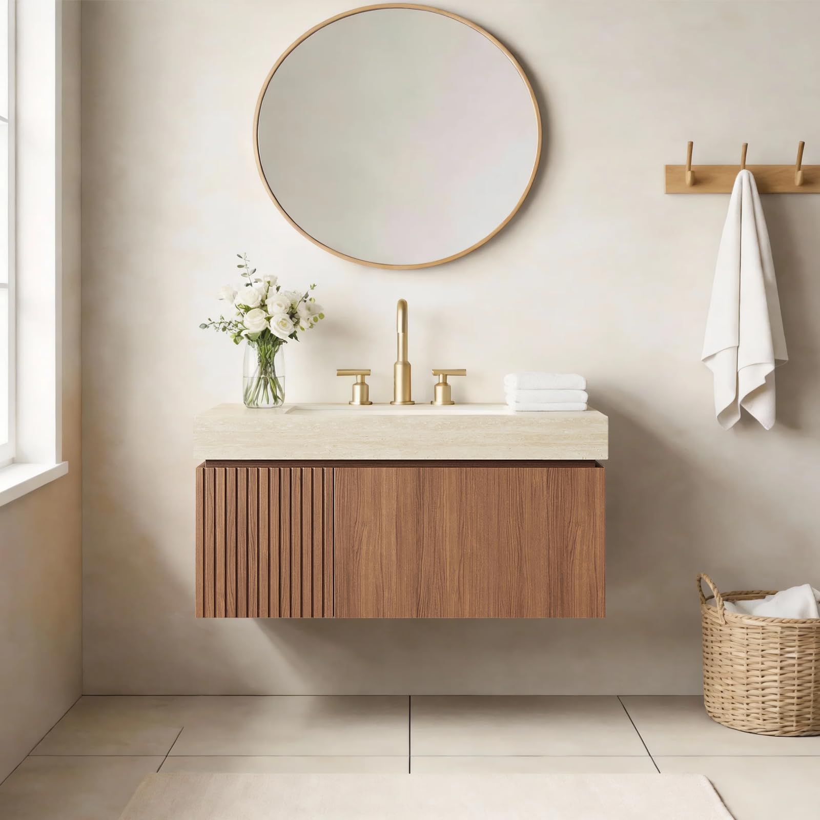 Ambrovina 48" Floating Bathroom Vanity with Sink, Modern Plywood Bathroom Storage Cabinet with Drawer and 2 Doors, Gray Sintered Stone Countertop and White Ceramic Basin, Pre-Assembled, Light Oak