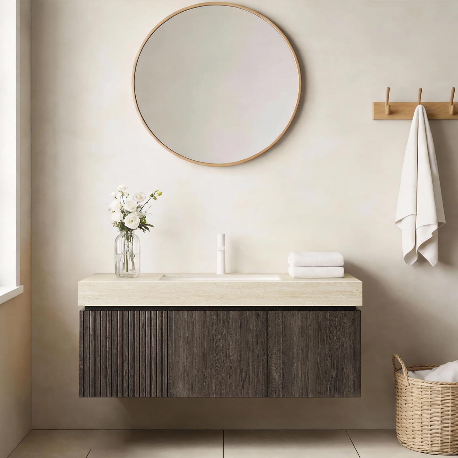 Ambrovina 48" Floating Bathroom Vanity with Sink, Modern Plywood Bathroom Storage Cabinet with Drawer and 2 Doors, Gray Sintered Stone Countertop and White Ceramic Basin, Pre-Assembled, Light Oak