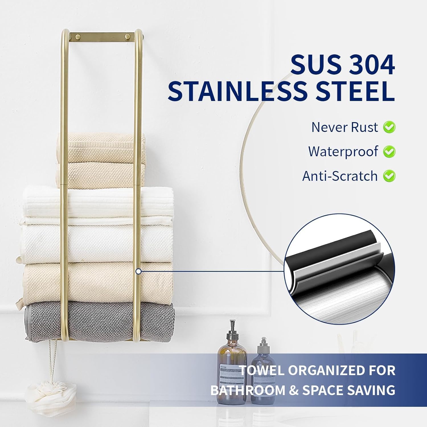 BWE Brushed Gold Towel Racks for Bathroom, Wall Mounted Towel Rack for Rolled Towels, Bathroom Towel Storage, Stainless Steel Vertical Towel Holder, Bathroom Organizer