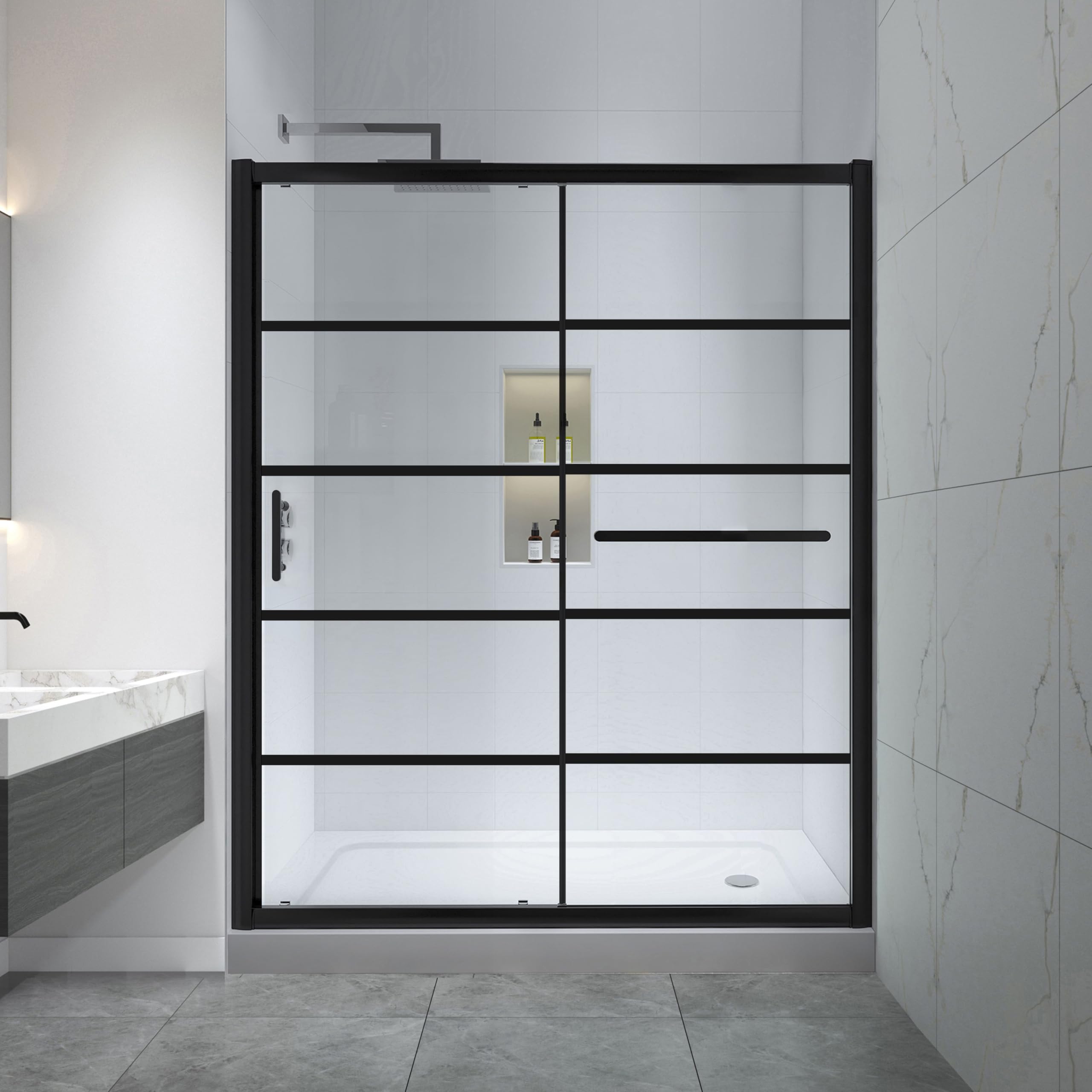 Frosted Sliding Shower Door 55-60" W x 72" H, Matte Black, Single Sliding Door, Framed, 1/4" (6mm) SGCC Tempered Glass, Reversible Installation