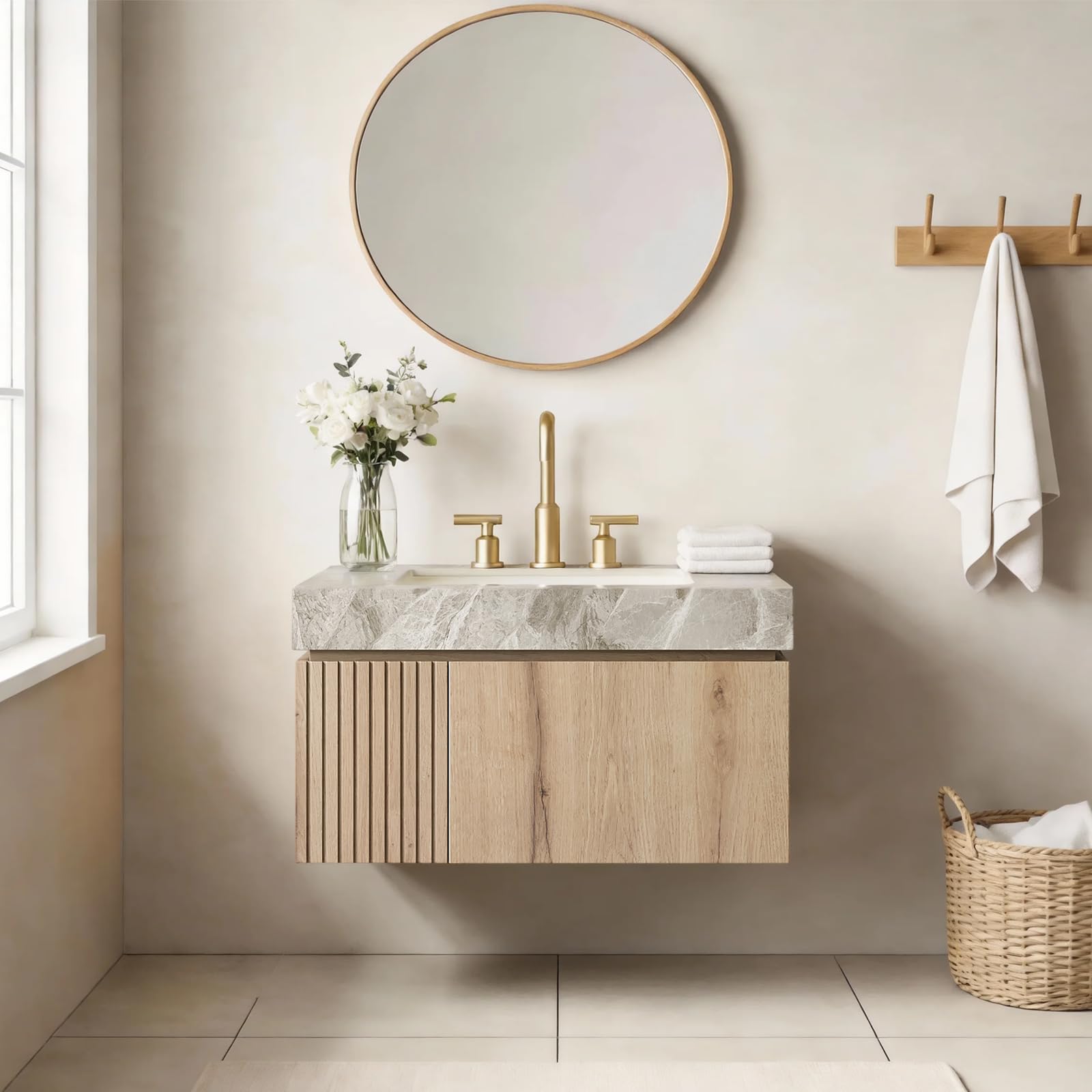 Ambrovina 48" Floating Bathroom Vanity with Sink, Modern Plywood Bathroom Storage Cabinet with Drawer and 2 Doors, Gray Sintered Stone Countertop and White Ceramic Basin, Pre-Assembled, Light Oak