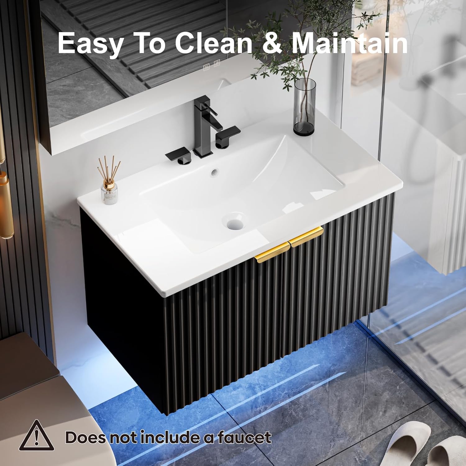 30" Bathroom Vanity with Sink, Modern Wall Mounted Floating Vanity Cabinet, Modern Bathroom Sinks with LED Light, Metal Handle & Double Soft-Close Doors, Black