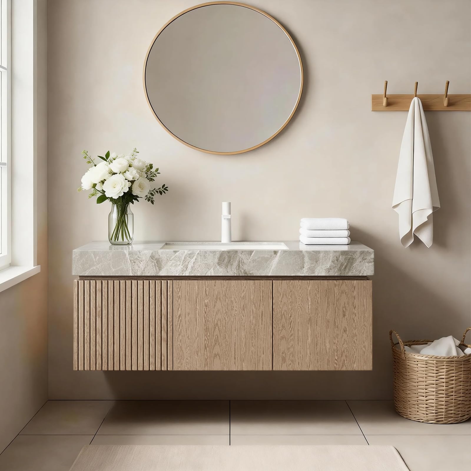 Ambrovina 48" Floating Bathroom Vanity with Sink, Modern Plywood Bathroom Storage Cabinet with Drawer and 2 Doors, Gray Sintered Stone Countertop and White Ceramic Basin, Pre-Assembled, Light Oak