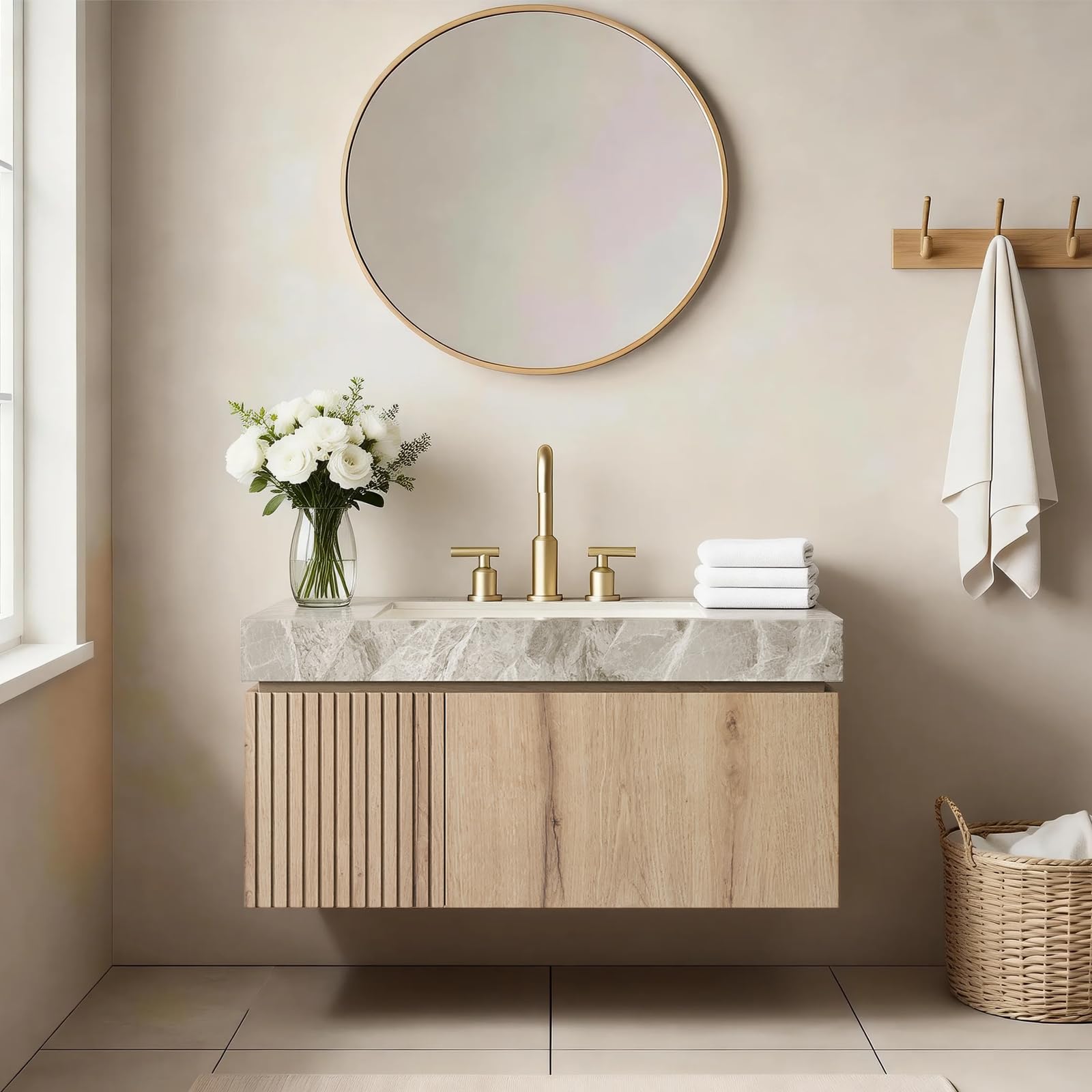 Ambrovina 48" Floating Bathroom Vanity with Sink, Modern Plywood Bathroom Storage Cabinet with Drawer and 2 Doors, Gray Sintered Stone Countertop and White Ceramic Basin, Pre-Assembled, Light Oak