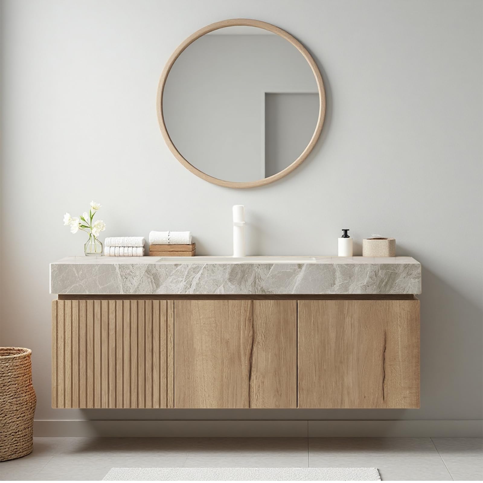 Ambrovina 48" Floating Bathroom Vanity with Sink, Modern Plywood Bathroom Storage Cabinet with Drawer and 2 Doors, Gray Sintered Stone Countertop and White Ceramic Basin, Pre-Assembled, Light Oak