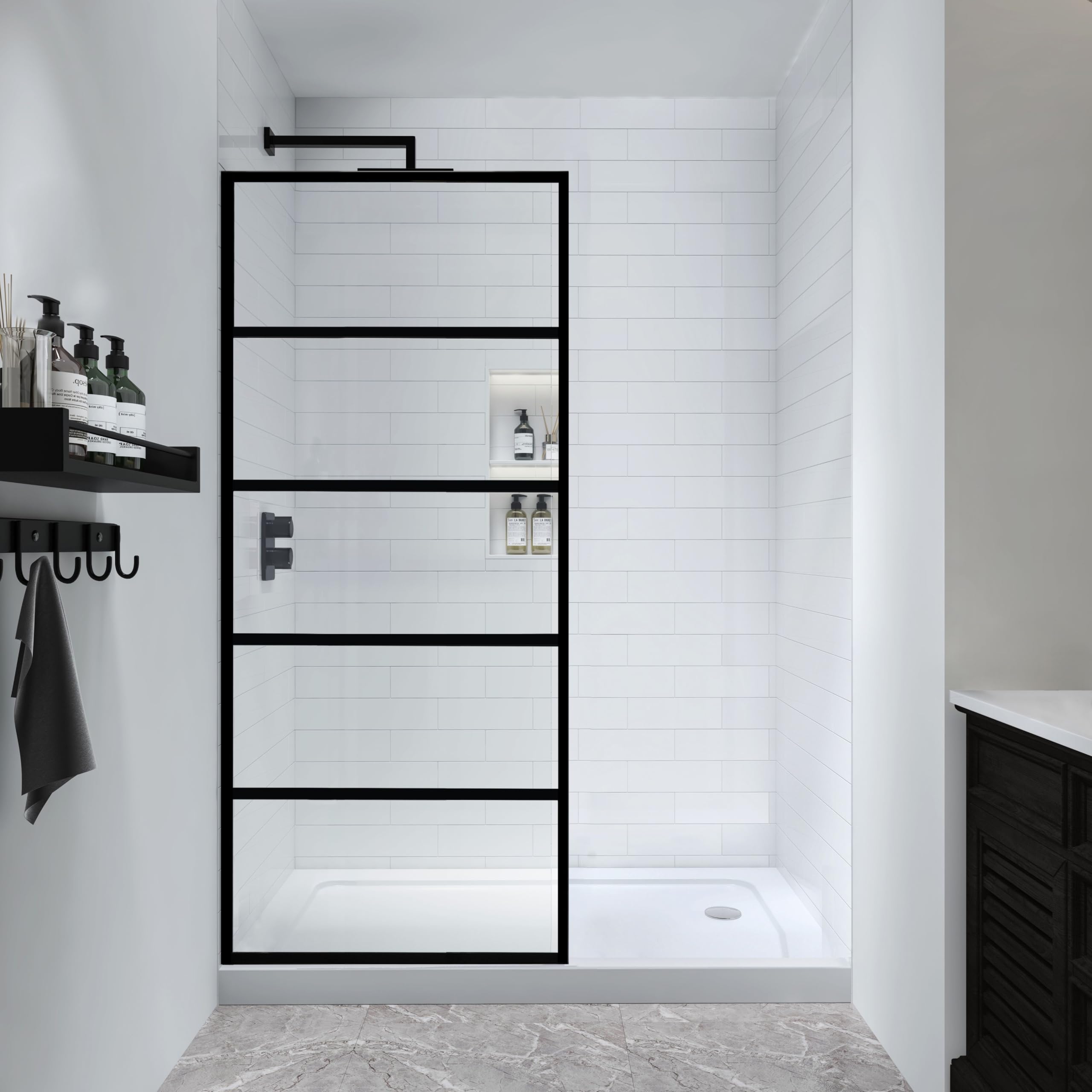 Frosted Shower Glass Panel 34" W x 72" H, Matte Black, Framed Fixed Glass Panel, 5/16" (8mm) SGCC Tempered Glass, Reversible Installation