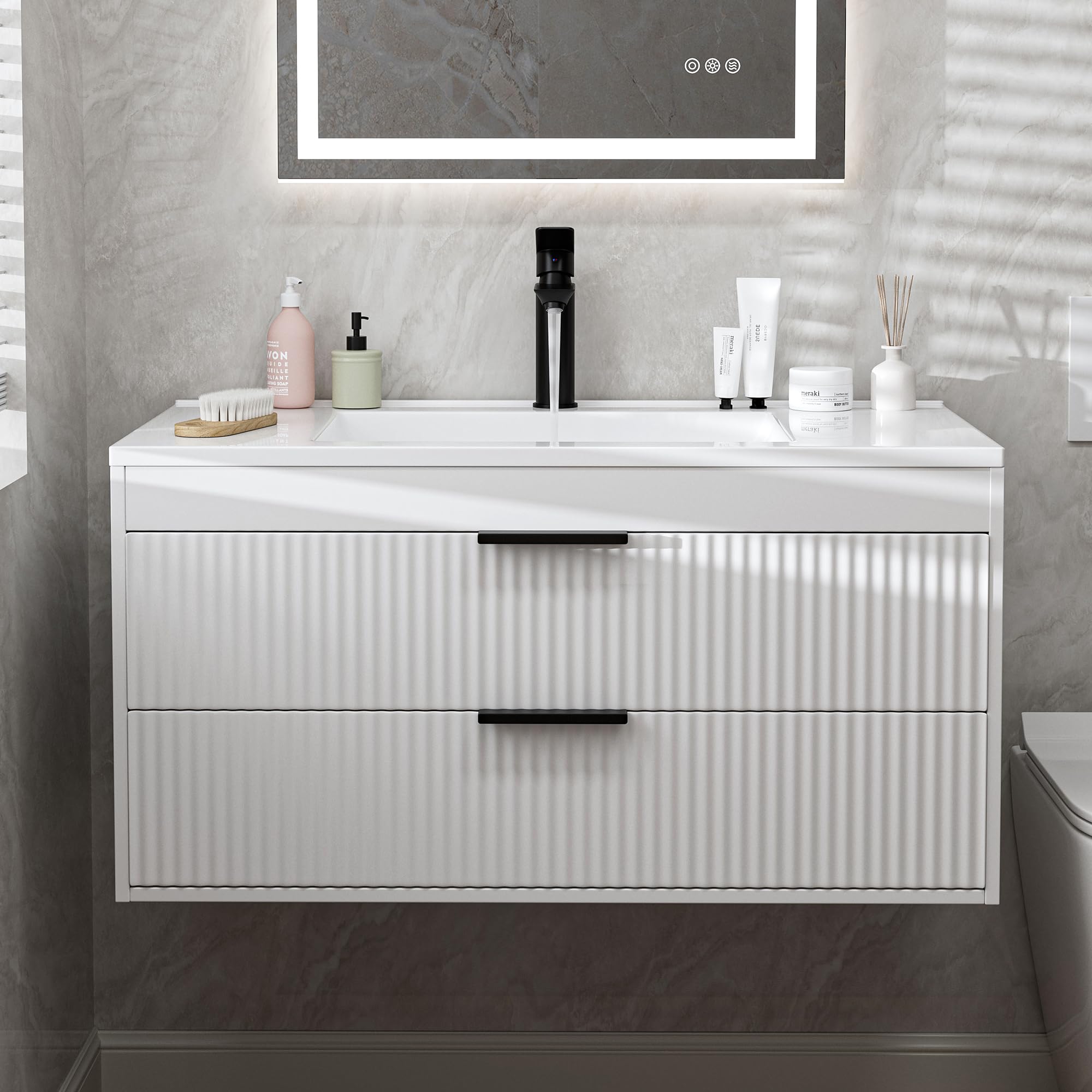 24 Inches Modern MDF Bathroom Vanity with Sink, Wall Mounted Floating Cabinets w/Double Drawers, Black Handles, White Resin Sink Combo Set (Black, 24")