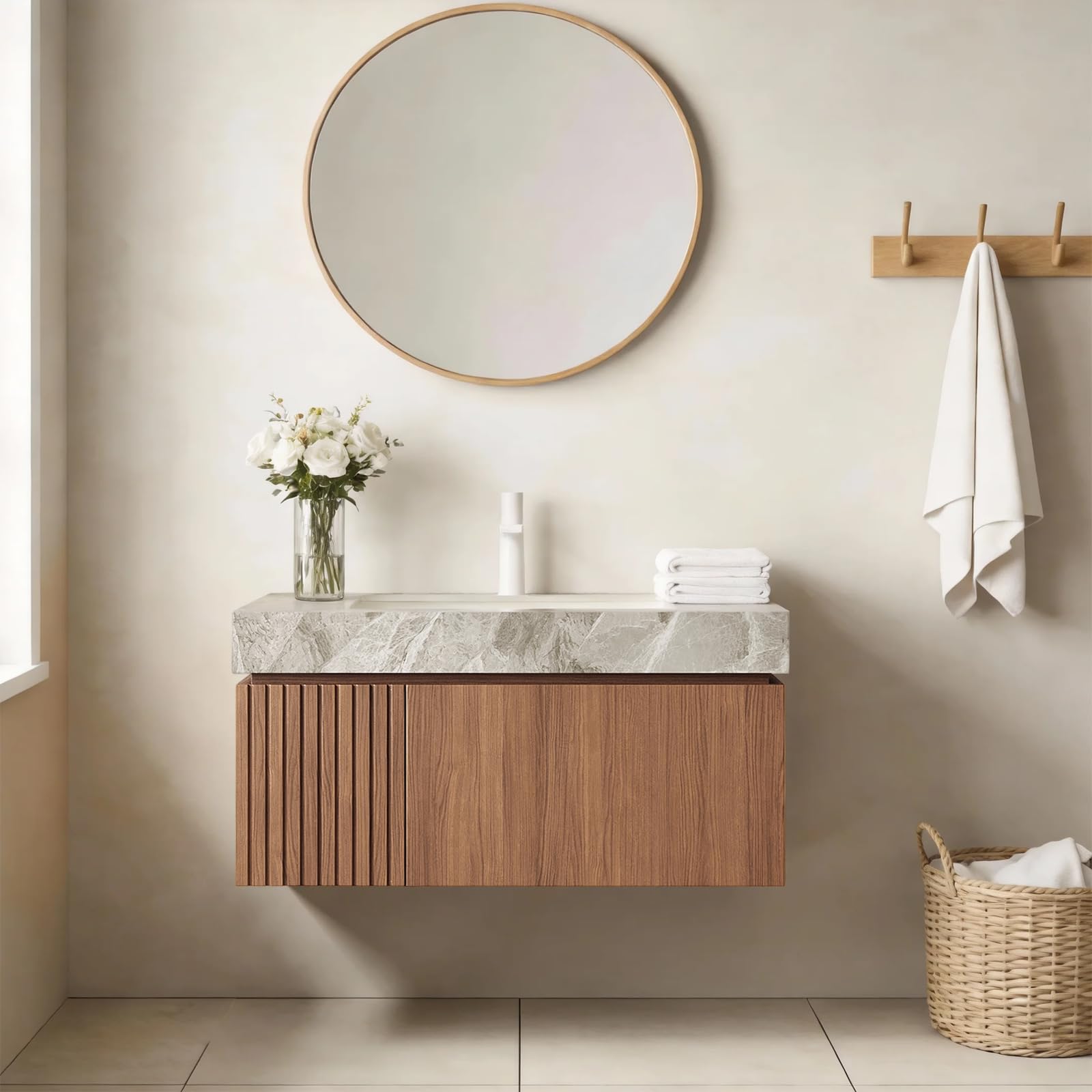 Ambrovina 48" Floating Bathroom Vanity with Sink, Modern Plywood Bathroom Storage Cabinet with Drawer and 2 Doors, Gray Sintered Stone Countertop and White Ceramic Basin, Pre-Assembled, Light Oak