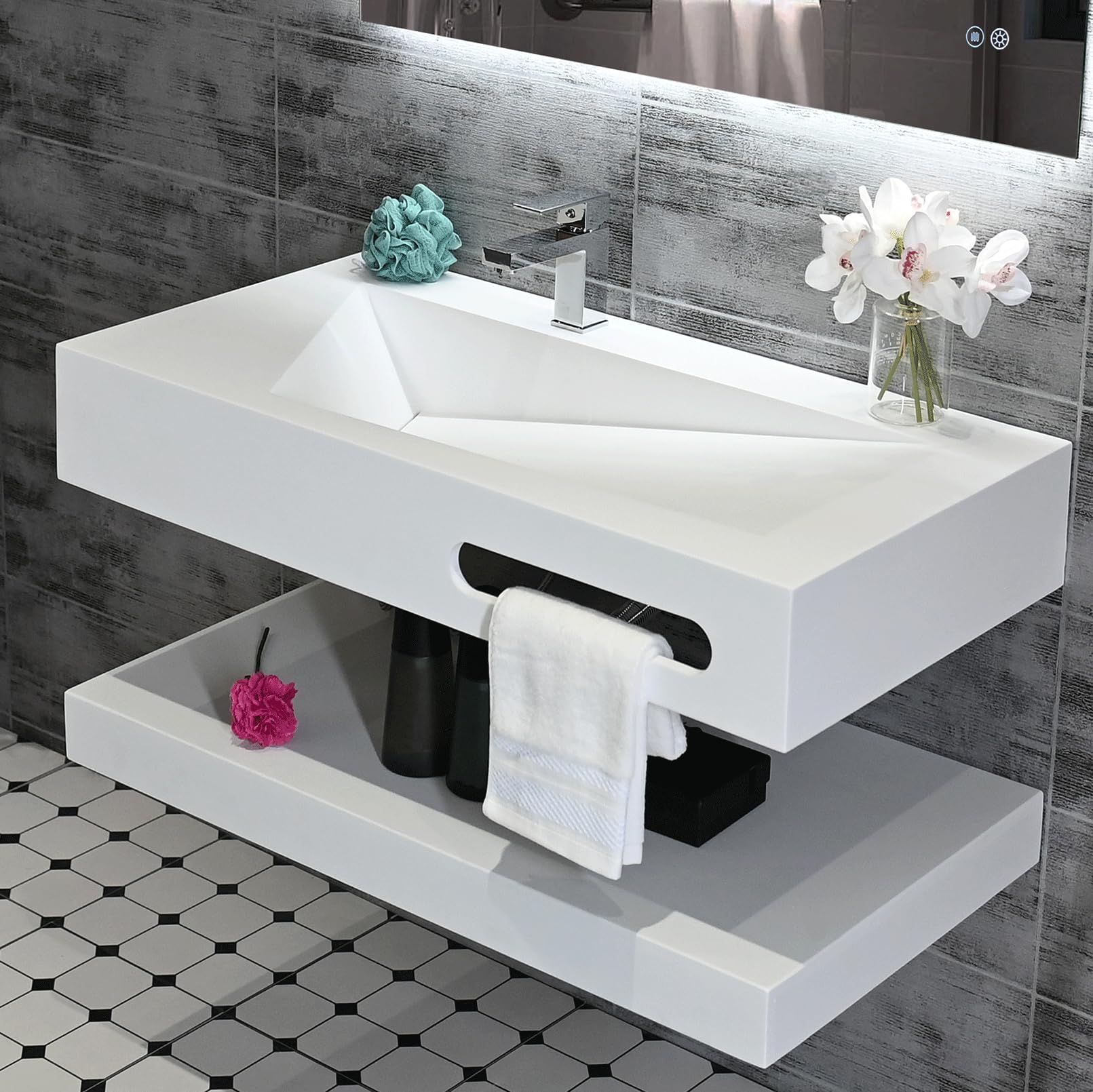 Gesipor 36"x19" Wall Mount Bathroom Vanity with Sink Stone Resin Floating Vanity Sink Rectangular Vessel Sinks for Bathroom White Trough with Shelf Layer (Mirror Not Included)