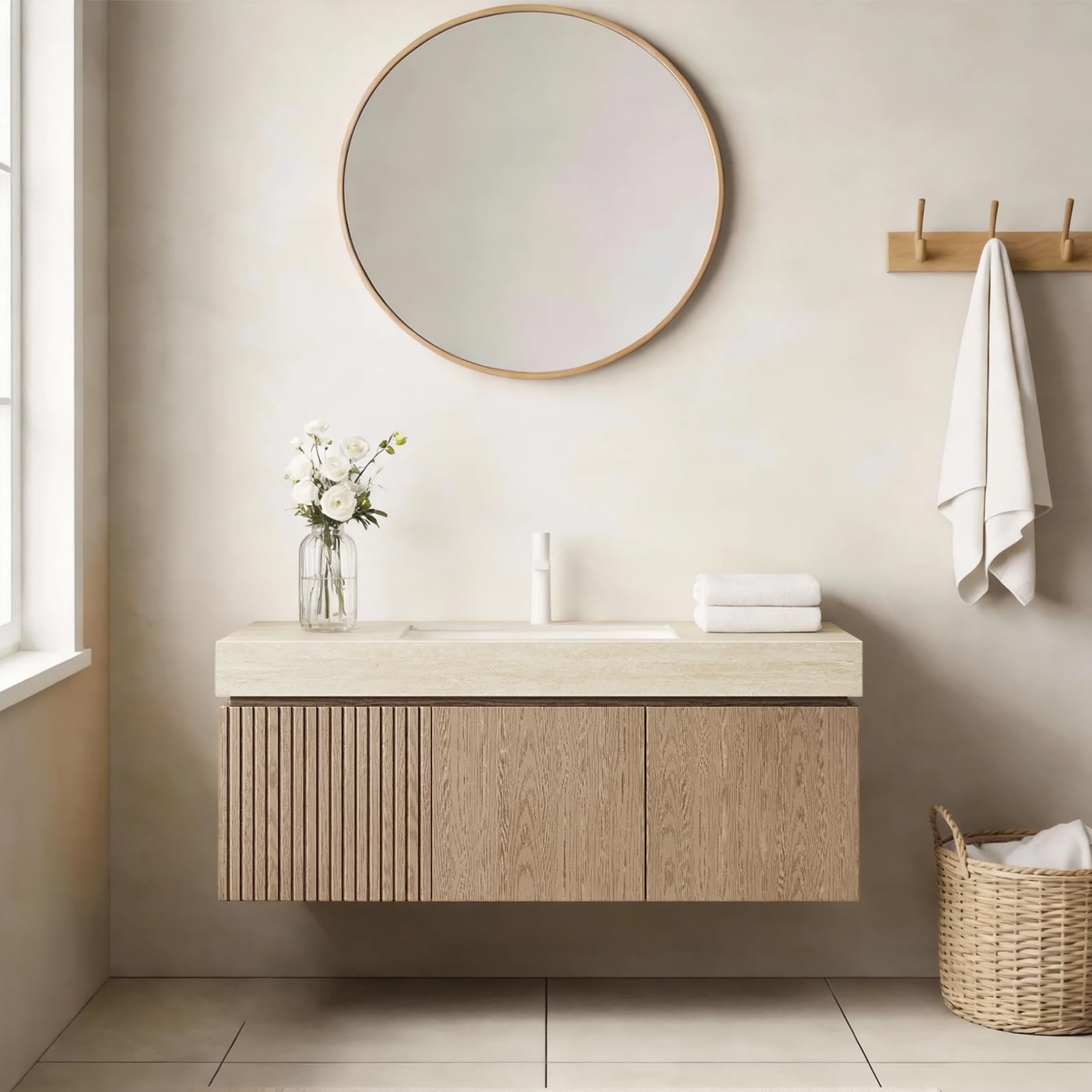 Ambrovina 48" Floating Bathroom Vanity with Sink, Modern Plywood Bathroom Storage Cabinet with Drawer and 2 Doors, Gray Sintered Stone Countertop and White Ceramic Basin, Pre-Assembled, Light Oak