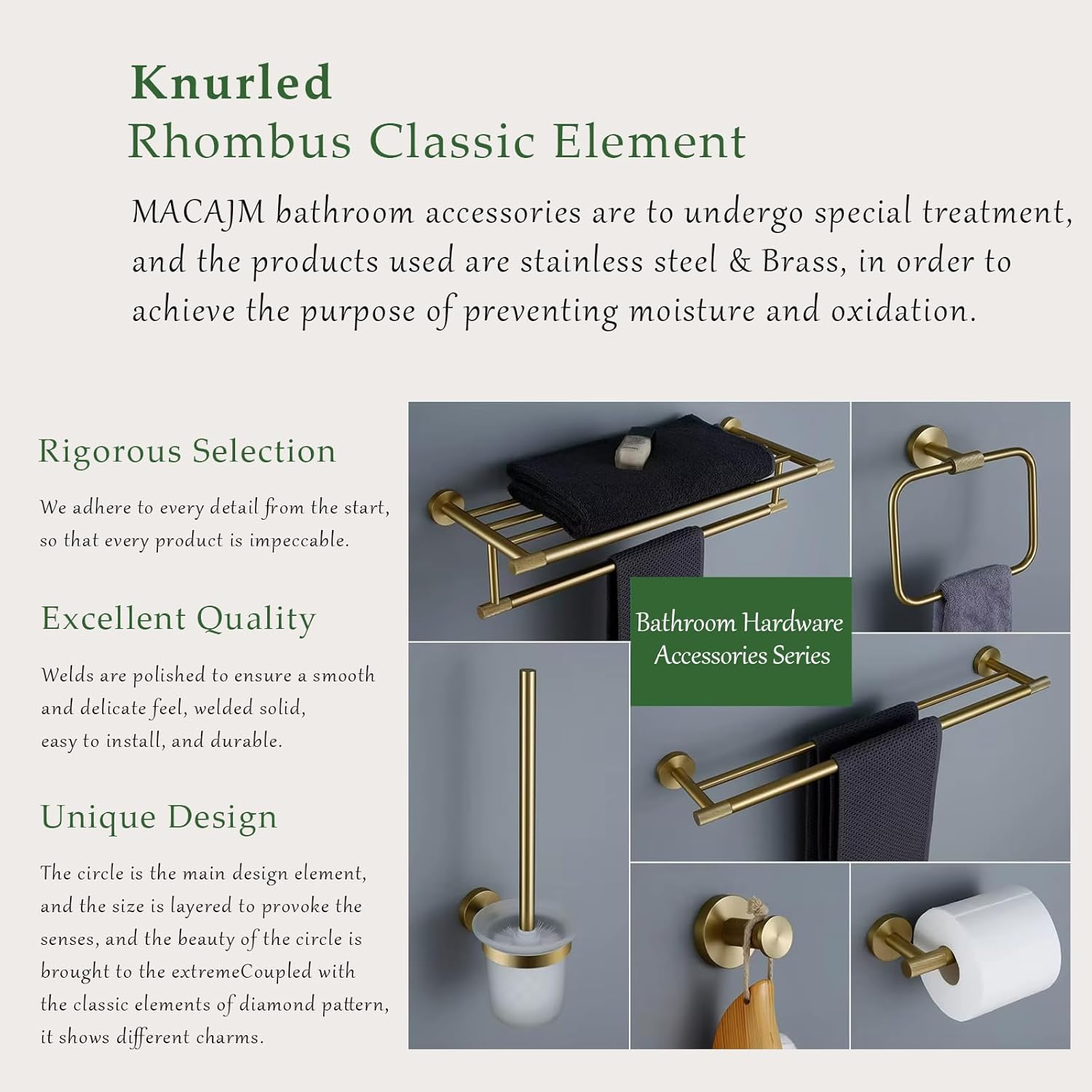 24-Inch Brushed Gold Towel Racks for Bathroom Wall-Mounted, with Solid Brass Knurled Accents, Rust-Resistant 304 Stainless Steel