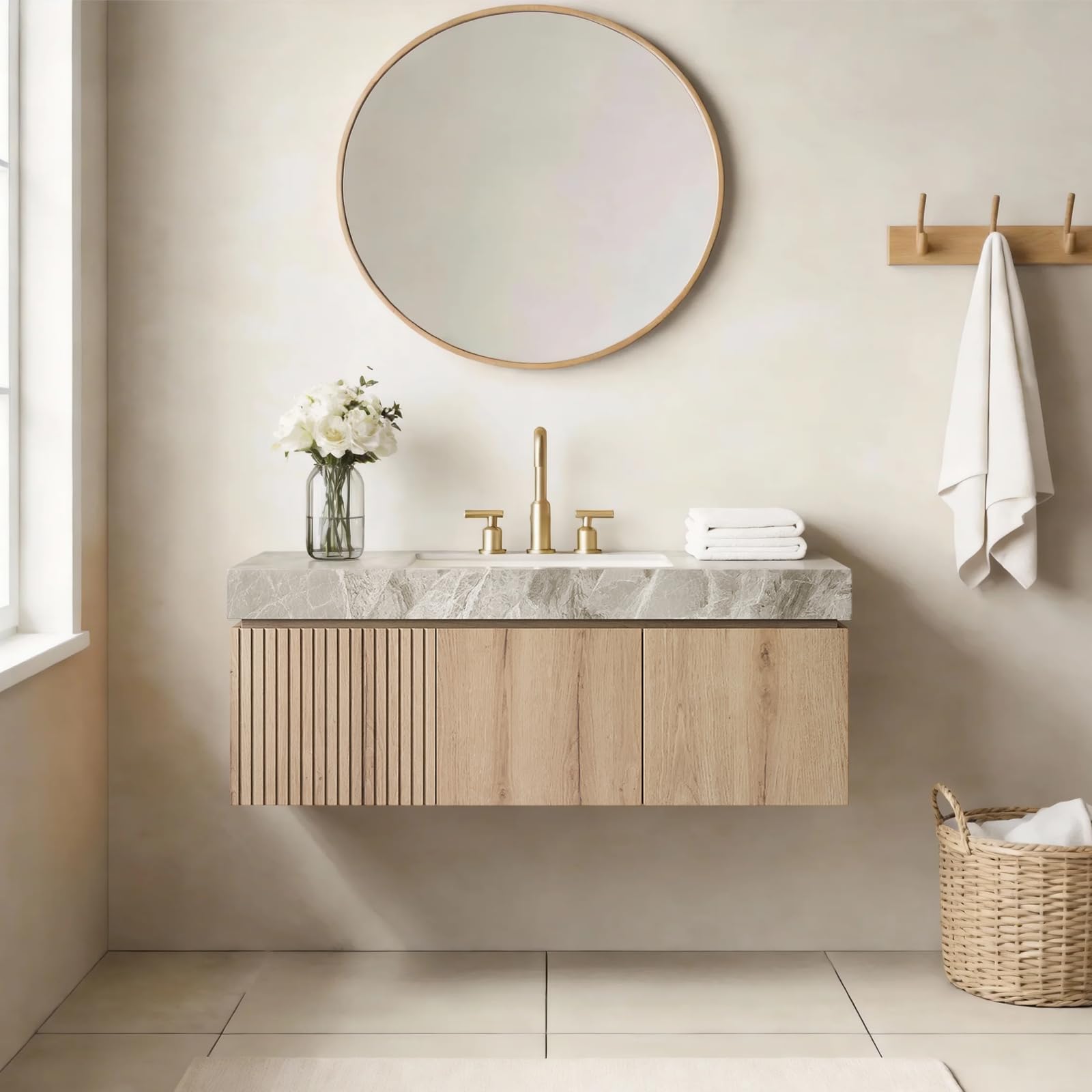 Ambrovina 48" Floating Bathroom Vanity with Sink, Modern Plywood Bathroom Storage Cabinet with Drawer and 2 Doors, Gray Sintered Stone Countertop and White Ceramic Basin, Pre-Assembled, Light Oak