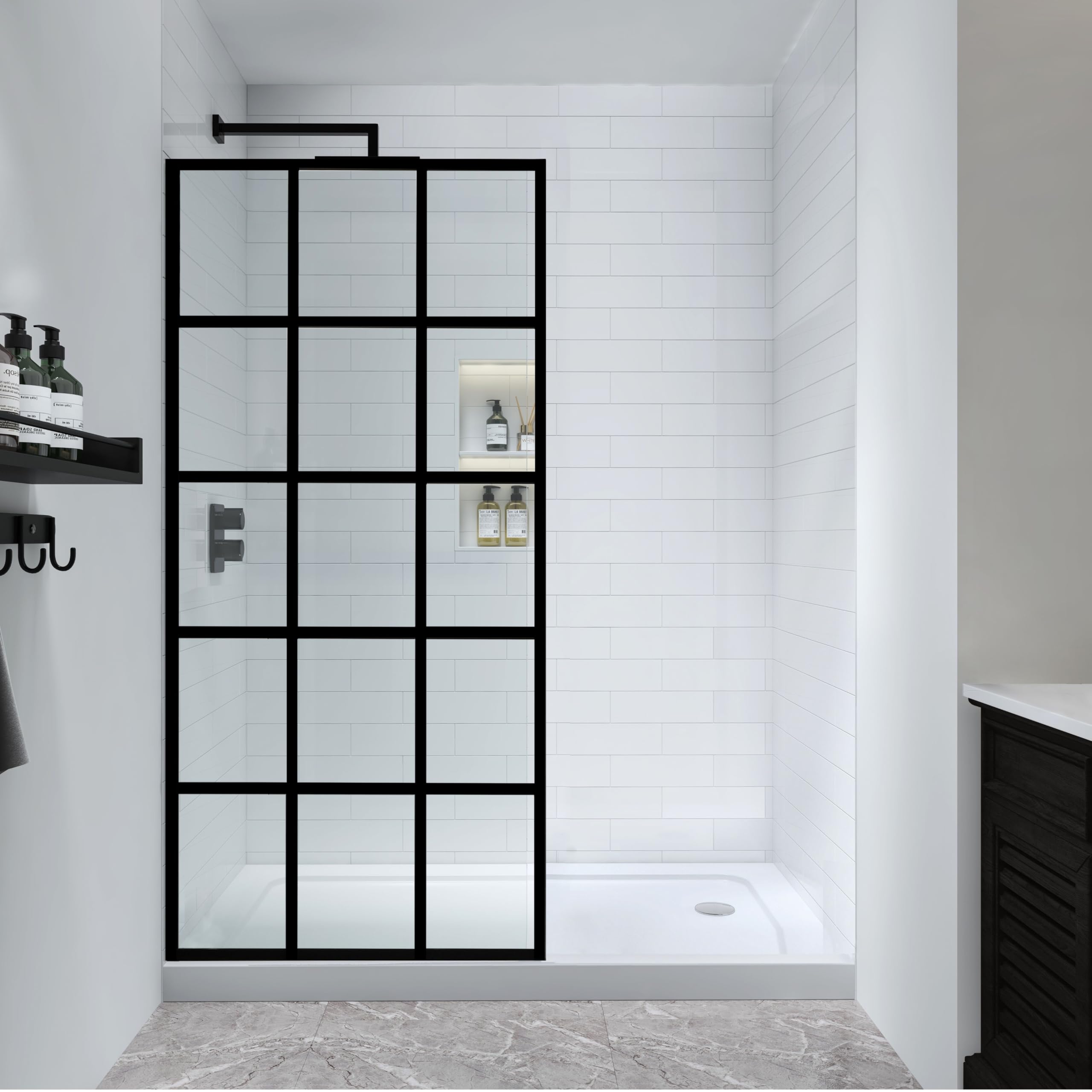 Frosted Shower Glass Panel 34" W x 72" H, Matte Black, Framed Fixed Glass Panel, 5/16" (8mm) SGCC Tempered Glass, Reversible Installation