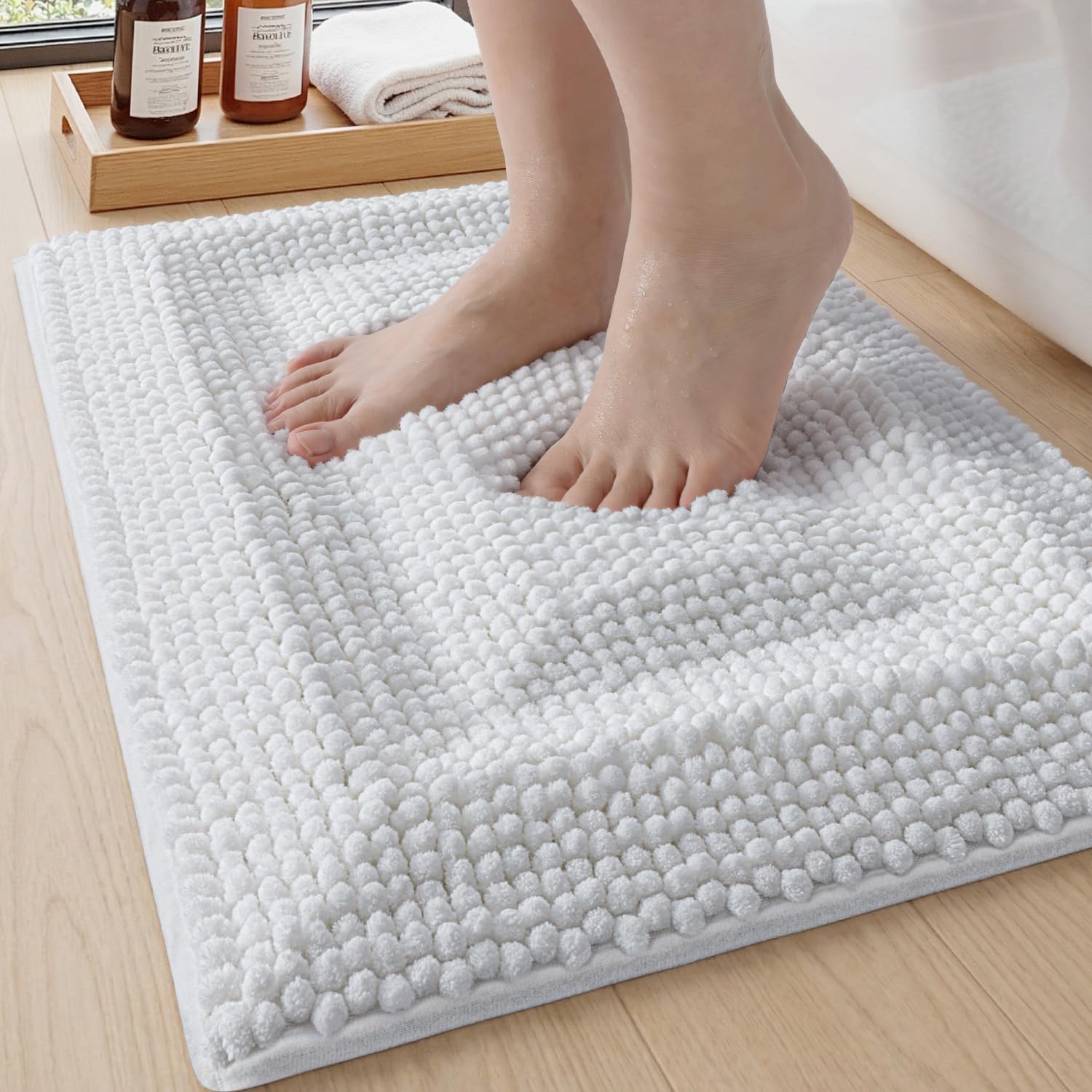 DEXI Memory Foam Bath Mat 32x20, Soft Absorbent Chenille Bathroom Rug, Non Slip Quick Dry Bath Mats for Bathroom, Thick Plush Floor Carpet for Tub Shower, Sink, Ivory