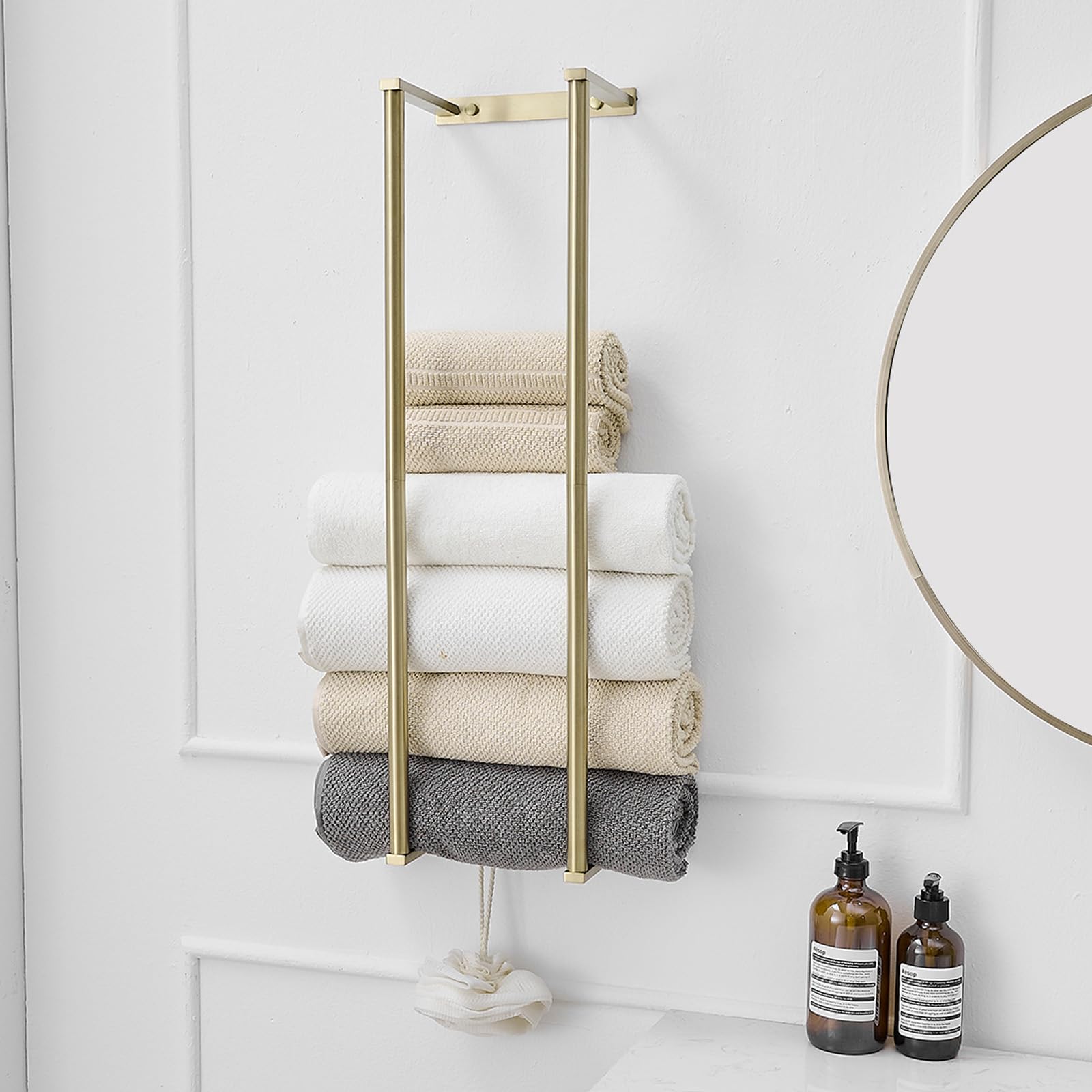 BWE Brushed Gold Towel Racks for Bathroom, Wall Mounted Towel Rack for Rolled Towels, Bathroom Towel Storage, Stainless Steel Vertical Towel Holder, Bathroom Organizer